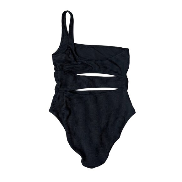 One Shoulder Black Ribbed Cutout Swimsuit Full Coverage UPF 50 Medium Aerie - Picture 3 of 11